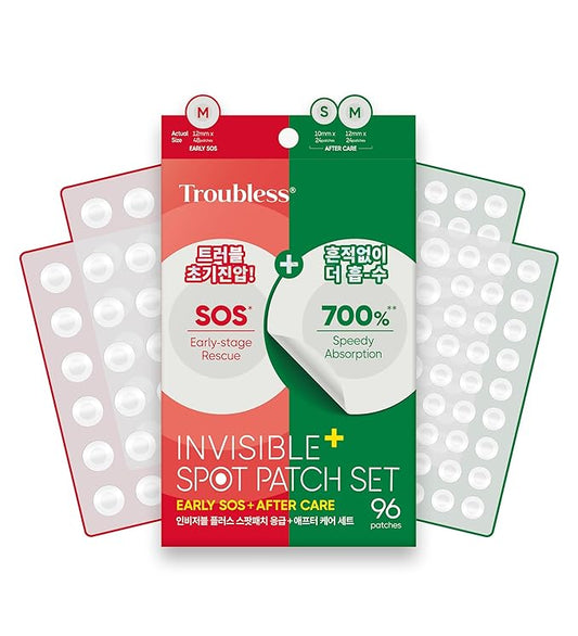 Troubless Invisible Plus Spot Patch EARLY SOS + AFTER CARE Set – Dual Care Hydrocolloid Patches for First Signs and Post-Care – Thin & Comfortable Wear w/ Strong Adhesion (1cm & 1.2cm, 96 ea)