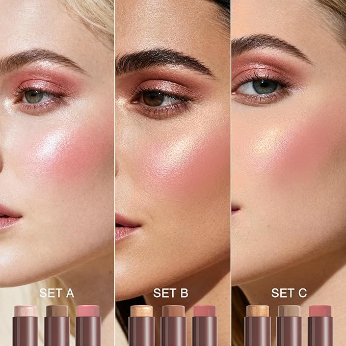 3Pcs Cream Contour Sticks, Shades with Highlighter & Bronzer & Blush, Makeup Kit for Sculpt the Cheeks Long Lasting Dewy & Matte Finish Lightweight Face Contouring Pen LIGHT MEDIUM (SET-C)