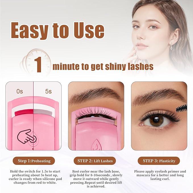 C-Shaped Heated Eyelash Curler Fast Heat Up in 5s - Rechargeable Electric Eyelash Curler for 24H Long Lasting Curls - Safe Anti-Burn Lash Curler Elevate Your Beauty with Stunning Lashes (Pink, L)