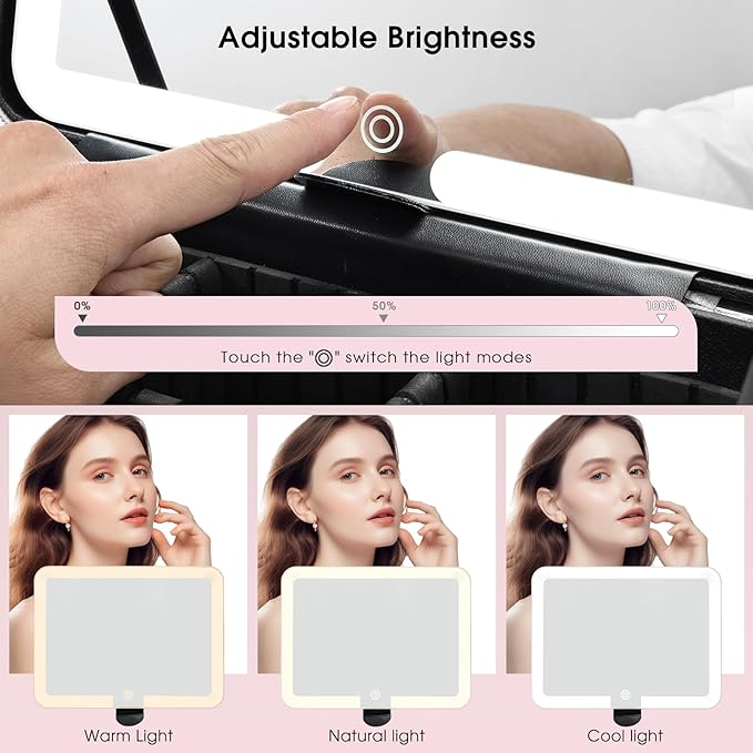 Leather Makeup Case with LED Lighted Mirror 11.4 Inch Travel Makeup Bag Adjustable Brightness in 3 Colors Cosmetic Organizer Artist Storage Bag with Dividers Brush Holder Bag Vanity Shiny Pink