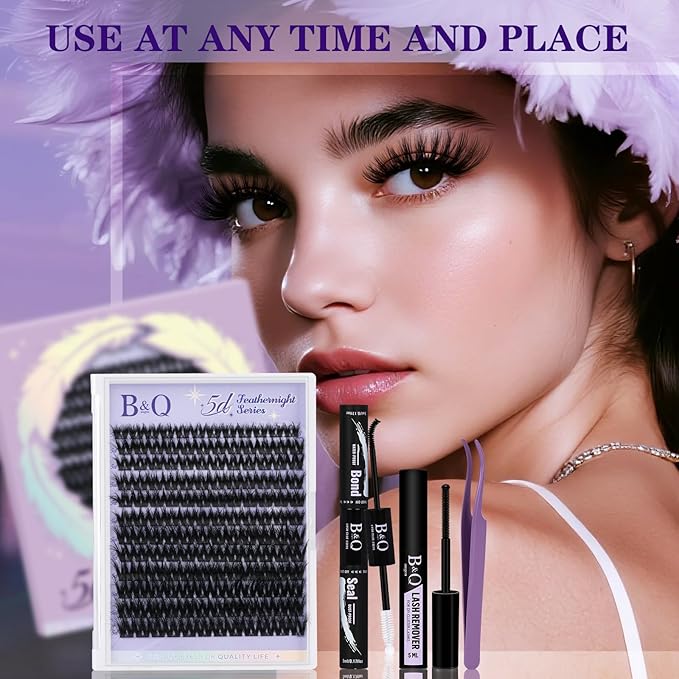 B&Q Lash Clusters Kit 144 pcs 5D Layered Volume Lash Extension Kit 8-18 mm Feathery Soft Lightweight Volume Eyelash Clusters with Waterproof Bond and Seal Eyelash Applicator Remover (Set-Feath5D 01)