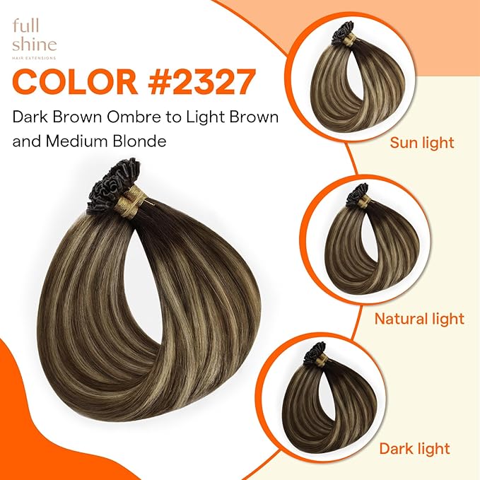 Full Shine U Tip Hair Extensions Dark Brown to Ash Blonde Ombre Brown 14 Inch 40 Grams Keratin Hair Extensions Human Hair Fusion Extensions Remy Hair add Volume