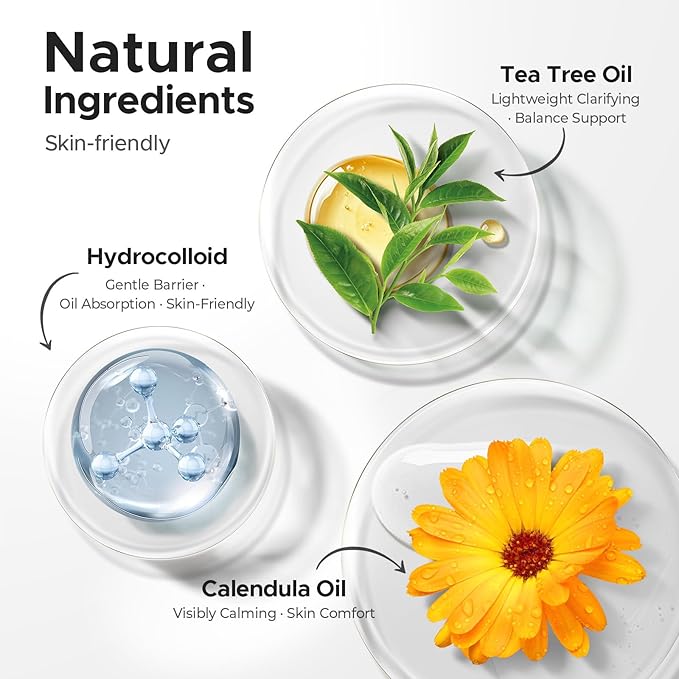 TKTK Hydrocolloid Acne Patches, Pimple Patches for Face with Tea Tree & Calendula Oil - 4 Sizes Clear Cover Stickers, Invisible for Day & Night Use (180 Count)