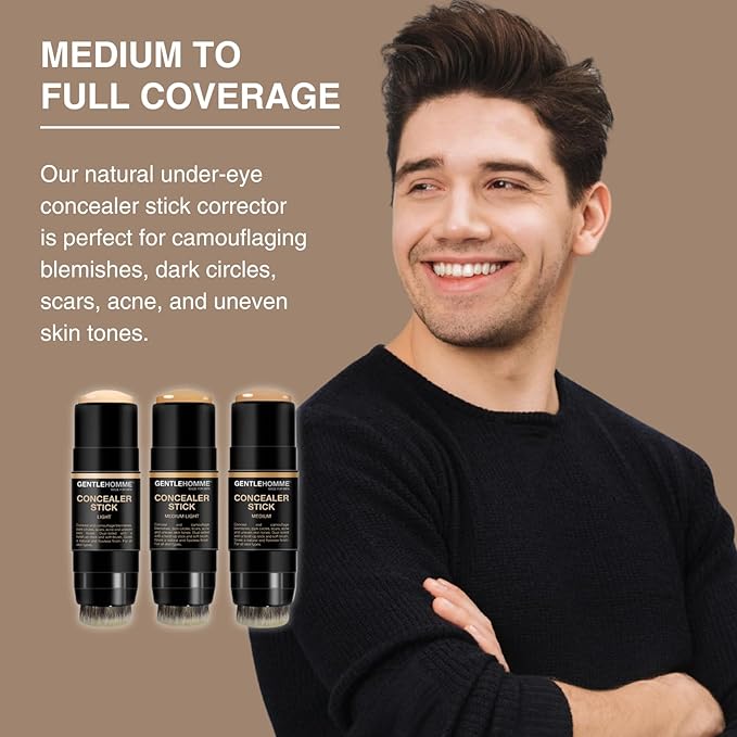 Gentlehomme - Concealer Stick Bundle - Men’s 2-in-1 Concealer & Brush - For Blemishes, Dark Circles & Uneven Skin Tones - Natural Finish - All Skin Types - Vegan - Light/Medium Light/Medium - 3 Pack