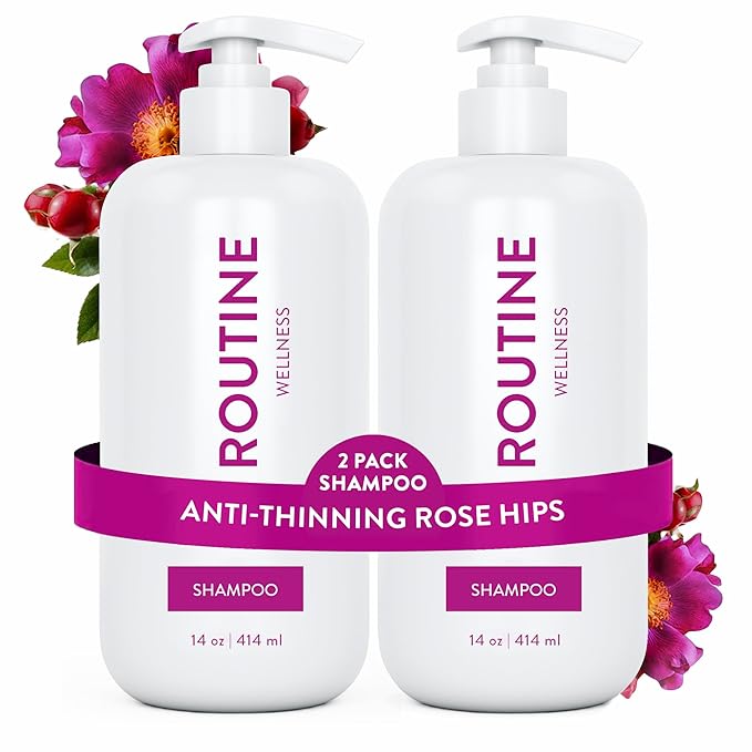 Routine Wellness Anti-Thinning Shampoo for Thinning Hair - Biotin DHT Blocker Women & Men - Color Safe Shampoo for Hair Loss & Healthy Hair - Rose Hips 14oz (Pack of 2)