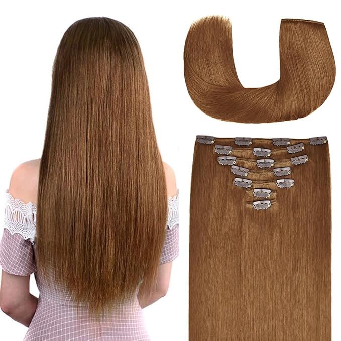 12 Inch Clip-in Hair Extensions Remy Human Hair for Women - Soft Handmade Real Human Hair Clip in Extensions, Straight, Thick, 105g 7pcs Chestnut Brown #8 Color