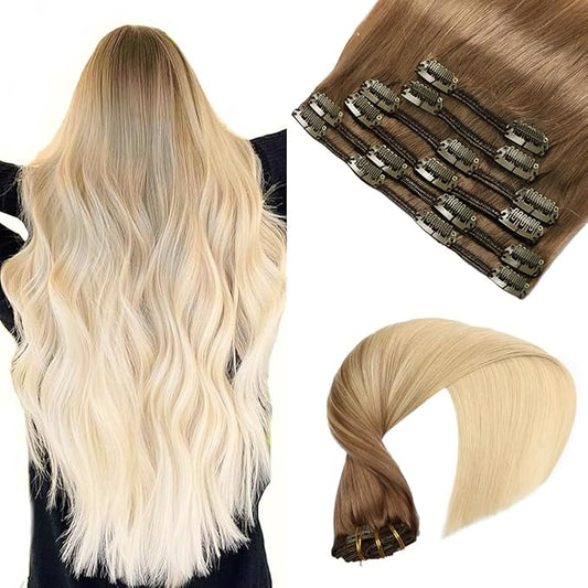 VINBAO Clip in Hair Extensions Ombre Blonde Clip in Human Hair Extensions #8 Light Brown Fading to #60 Platinum Blonde Balayage Extensions Double Weft 16 inch 100g 6pcs (#8/60, 16)