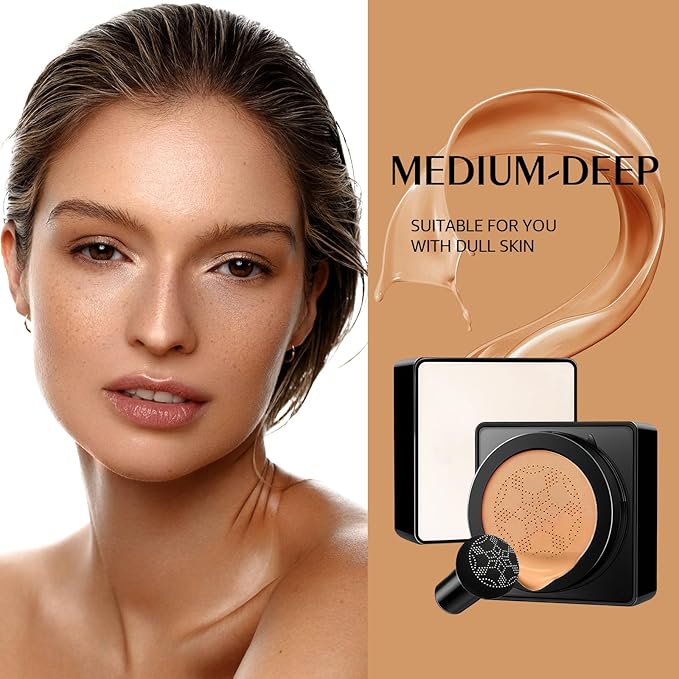 Air Cushion CC Cream Mushroom Head - Moisturizing & Oil Control Screw Lid Concealer Makeup Base, Primer Liquid Foundation Long Lasting with Mushroom Makeup Sponges for All Skin Types (Medium Deep)