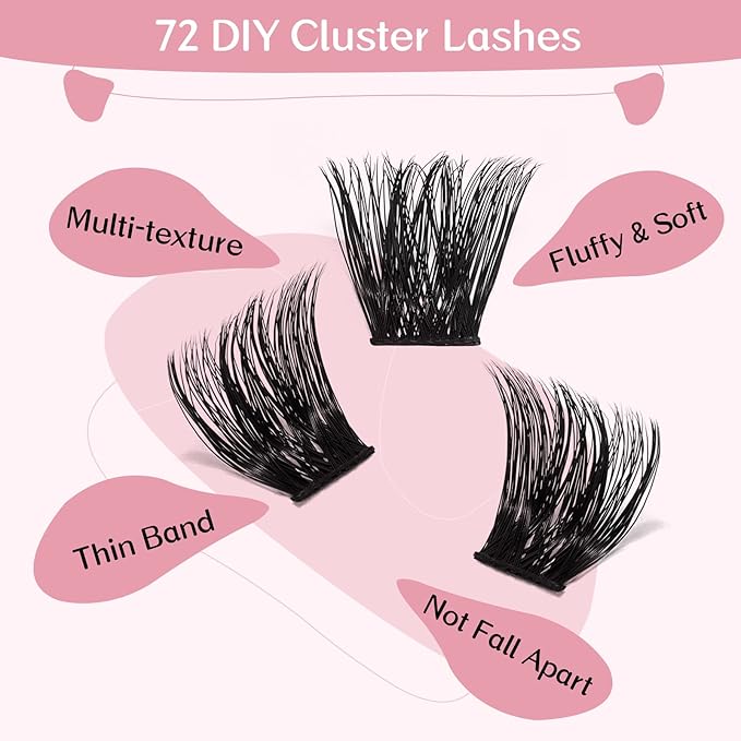 Cluster Lashes 72 Pcs Lash Clusters DIY Eyelash Extension Individual Lashes Into You-02 D-12mm Thin Band Easy to Apply at home Lashes
