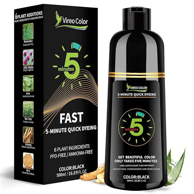 Black Hair Dye Shampoo for Women & Men, 5 Min Gray Coverage, 3 in 1 Semi-Permanent Color with Natural Herbal Ingredients