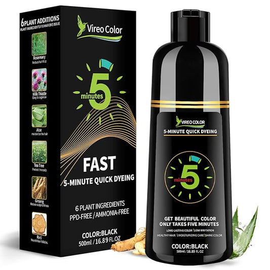 Black Hair Dye Shampoo for Women & Men, 5 Min Gray Coverage, 3 in 1 Semi-Permanent Color with Natural Herbal Ingredients