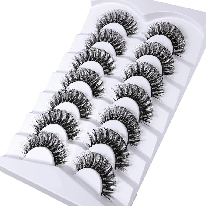 Russian Strip Lashes False Eyelashes Cat Eye Lashes Faux Mink Lashes Natural Look Fake Eyelashes Fluffy Wispy Lashes That Look Like Extensions Pestañas Postizas D Curl Lash Strips 7 Pairs Pack