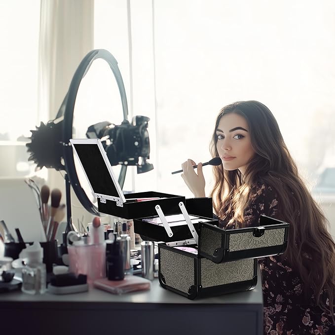 BYOOTIQUE Makeup Box Organizer with Mirror 2-Tier Trays Hairdressing Case Lash Storage Box for Manicurist Nail Tech Travel Beauty Salon Hairstylist,Rococo GainsBoro