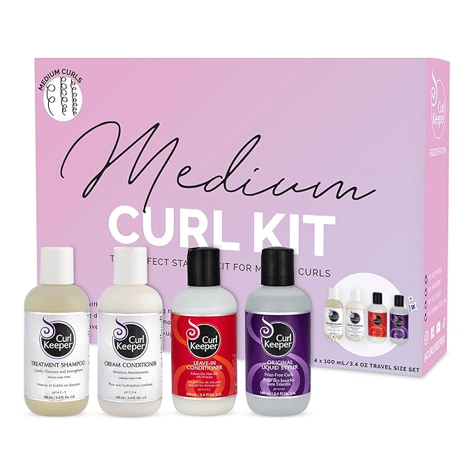 Curl Keeper Medium Curl Starter Kit for Curly Hair - Travel Size Set Includes Original Liquid Styler, Treatment Shampoo, Cream Conditioner & Leave-In Conditioner - Maximum Definition Shine & Moisture