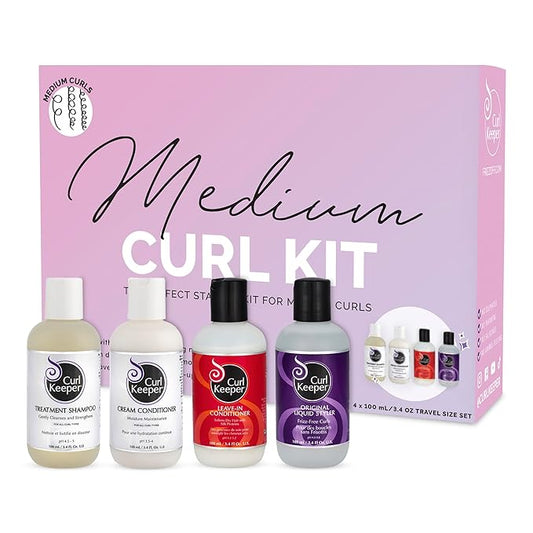 Curl Keeper Medium Curl Starter Kit for Curly Hair - Travel Size Set Includes Original Liquid Styler, Treatment Shampoo, Cream Conditioner & Leave-In Conditioner - Maximum Definition Shine & Moisture