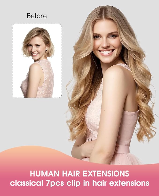 Youngsmile Clip in Human Hair Extensions, Clip in Hair Extensions, Natural Human Hair, 27 Caramel Blonde mixed 60 Platinum Blonde, 20 Inches 160 Grams 7Pcs (CLIP#27P60-20inch)
