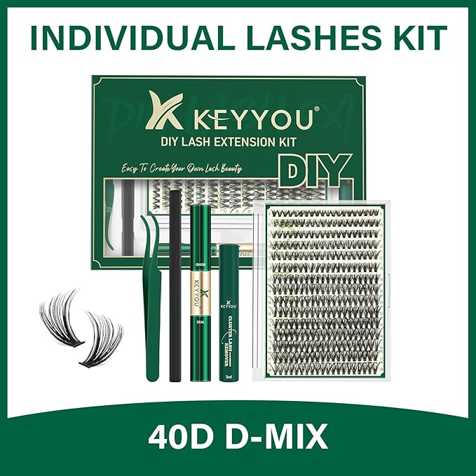 KEYYOU Lash Extension Kit DIY 300Pcs Lash Clusters Eyelash Extension Kit 40D 0.07 D Curl 9-18MIX Lash Clusters Kit with Lash Glue Remover Applicator Easy to Use for Beginners(Kit,40D-D,9-18MIX)