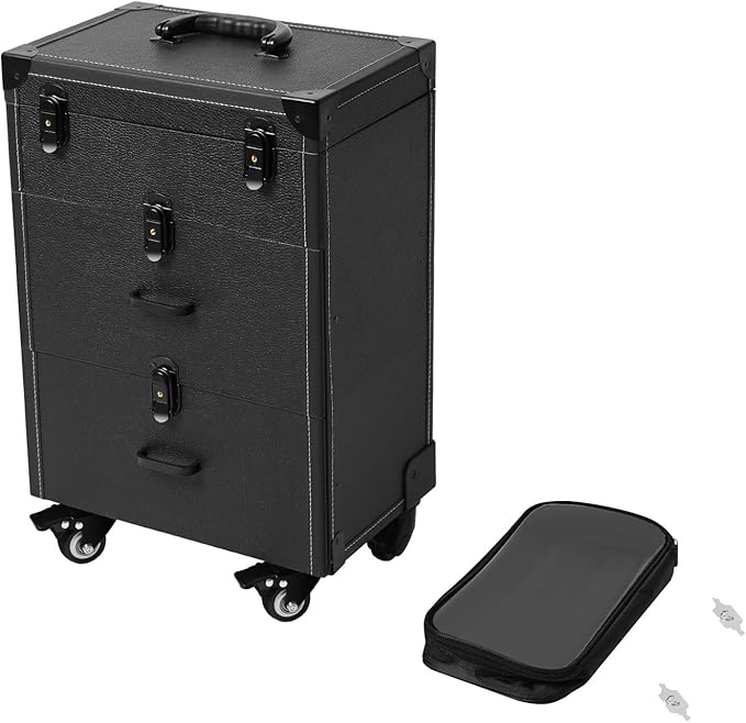 Makeup Train Case, Rolling Makeup Trolley Case, 3 Tiers Lockable Nail Polish Organizer with 2 Keys 4 Wheels (2 with Brakes) for Travel Makeup Artists Nail Technicians (Black Case, Black Lock)