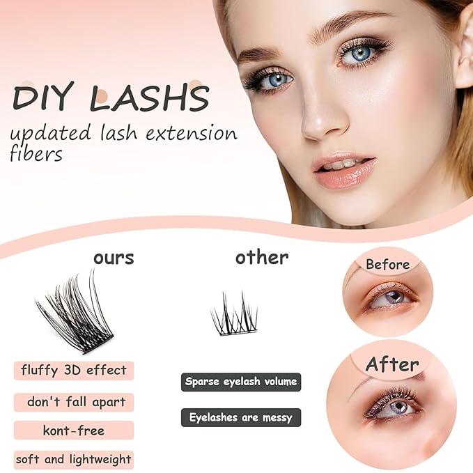 Lash Clusters 144 PCS 16mm Mix Volume Lashes Eyelash Clusters D Curl Cluster Eyelash Extensions Natural Wispy Cluster Lashes Reusable Individual Thick Lash Extension (QD-16mm - Mix)