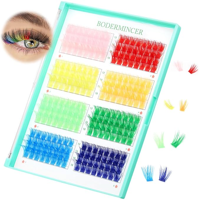 BODERMINCER D Curl False Eyelash Clusters, 8 Colors Collection, Individual Lash Extensions, 12-18mm Length For Beginner (A# 8 Colors-12-18mm D Curl)