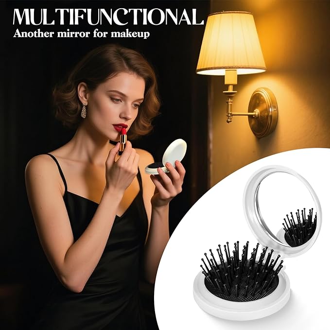 2pcs Mini Hair Brush with Mirror, Compact Air-Cushion Styling Foldable Brush, Tangle-Free Portable Design Lightweight Travel Brush for Women
