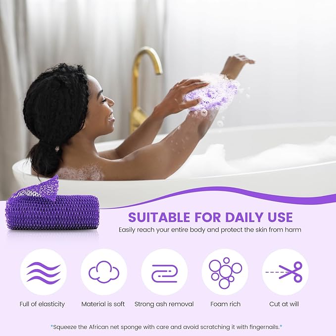 African Net Sponge, Authentic Exfoliating Body Scrubber for Bath and Shower, Multiple Textures with Gentle Deep Exfoliating and Rich Lather for All Skins (Purple)
