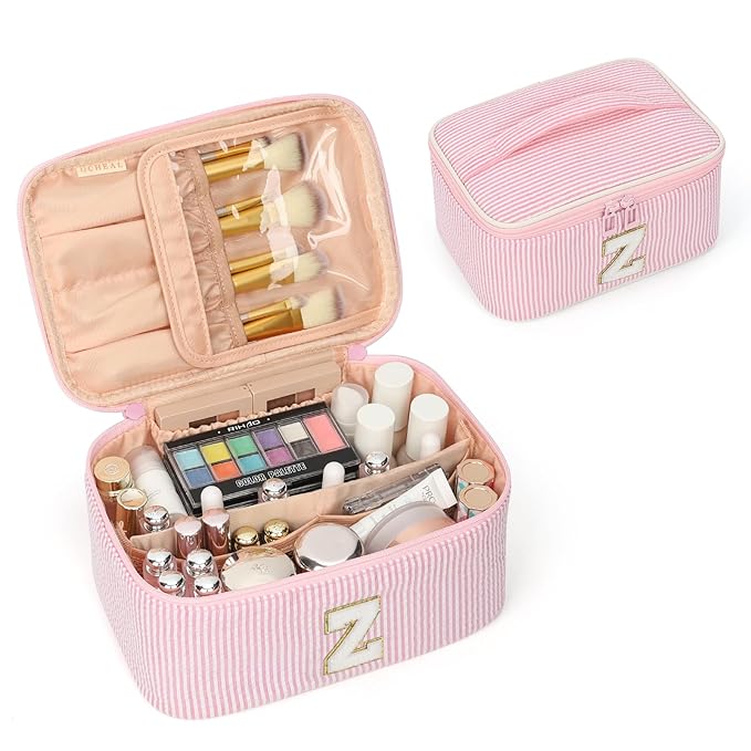 OCHEAL Makeup Bag for Women, Monogram Cosmetic Bag with Brush Holder, Pink Travel Makeup Case Beauty Toiletry Bag Organizer Personalized Gifts for Girls Bridesmaid, Sister, Wife, Friends Initial Z