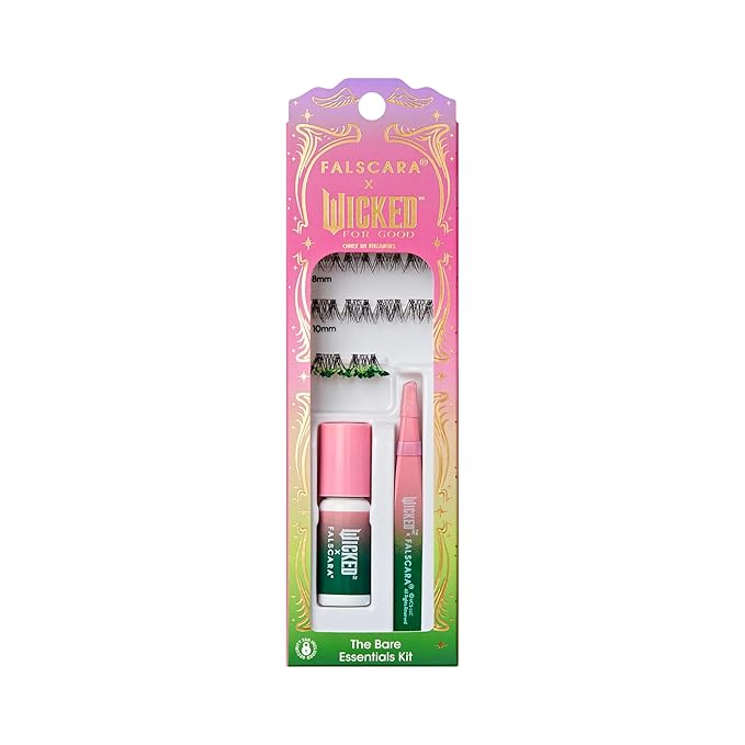 FALSCARA X WICKED: FOR GOOD False Eyelashes, ‘Love Without Limits’, 8mm-10mm Natural Volume, Green Glitter, Lash Extension Kit Includes Mini BOND, Mini Applicator, & 10 Lash Clusters