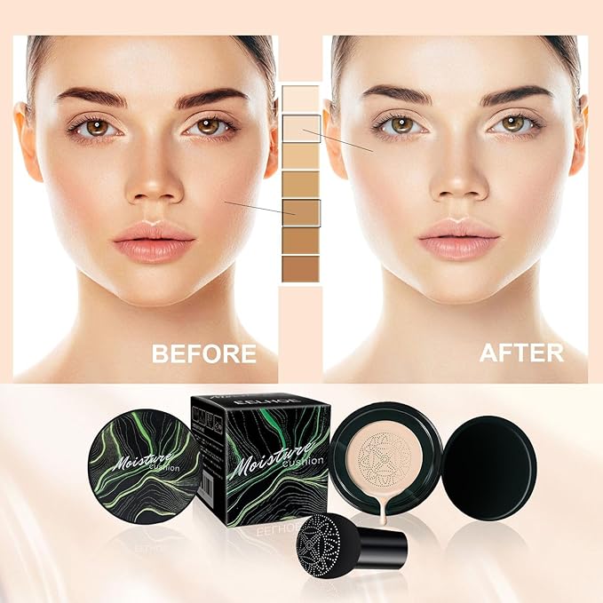 Mushroom Air Cushion CC Cream，Moisturizing Concealer Foundation, Waterproof, Long-lasting Color, Even Skin Tone, Suitable for All Skin Types（Natural）