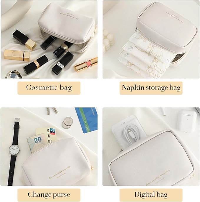 Small Cosmetic Bag Zipper Pouch Travel Makeup Bag for Women Portable Lipstick pouch Purse Waterproof Makeup Organizer Great Gifts White