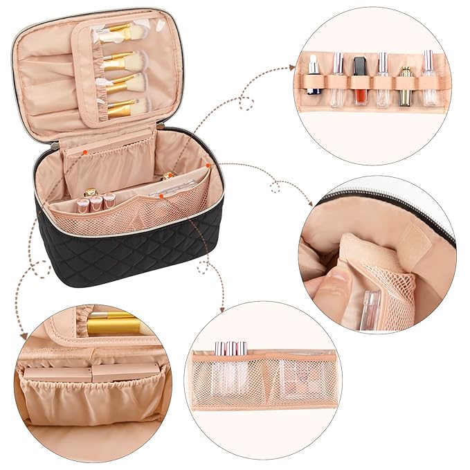 OCHEAL Portable Cosmetic Bag For Women, Large Capacity Travel Makeup Case Organizer, Rhombus Black, Toiletry Bag for Girls Traveling With Handle and Divider