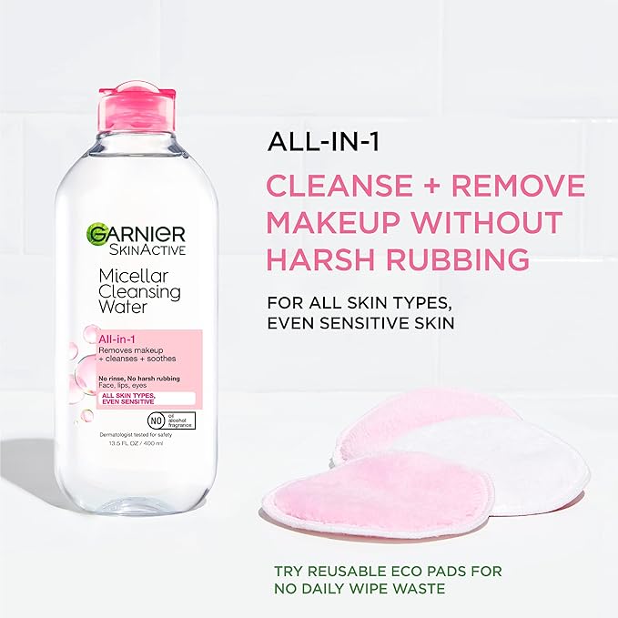 Garnier Micellar Water, Hydrating Facial Cleanser & Makeup Remover, Suitable for Sensitive Skin, Vegan, Cruelty Free, 13.5 Fl Oz (400mL), 1 Count