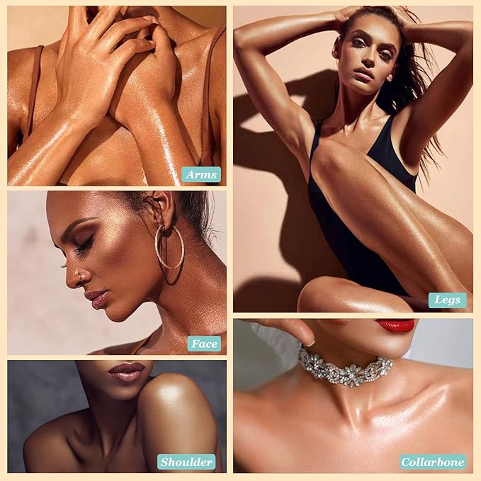 Body Shimmer Oil, Diamond Platinum Natural Glow Luminizer, Long Lasting Waterproof Moisturizing Liquid Illuminator Highlighter Makeup for a Sun-Kissed Glow, Brush Include, 1oz, Light Fair