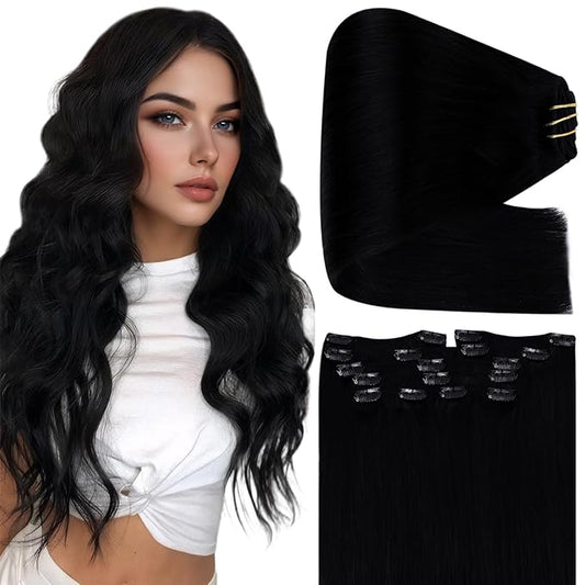 Full Shine Black Hair Extensions Clip in 24 Inch 220 G Clip ins Real Human Hair Black Women for Full Head 7 Pcs