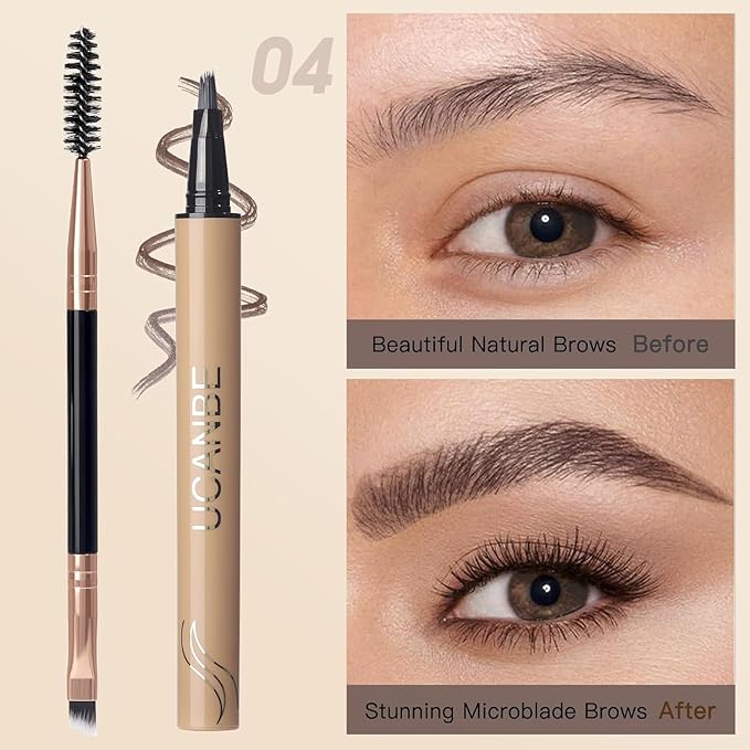 UCANBE Brow-Fection Angled Brush Eyebrow Pen, Liquid Microblading Eyebrow Pencils for Women, Wild Natural Brow Pen for Realistic Hair-Like Brows, Easy to Color, Waterproof, Lasts All Day, Ash Brown