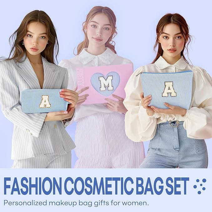 2 PCS Initial Makeup Bags for Women: Cosmetic Bag for Travel Toiletry - Birthday Gifts for 11 12 13 14 15 16 17 18 Years Old Girl Graduation Teacher Gift- Teen Girl Gifts Trendy Stuff - Blue I