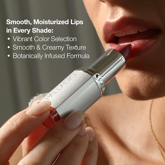 Palladio Herbal Lipstick, Rich Pigmented and Creamy Lip Color, Infused with Safflower, Ginseng, Ginkgo Biloba, Camellia and Aloe, Prevents Lips from Drying, Combats Fine Lines, Long Lasting, Juniper