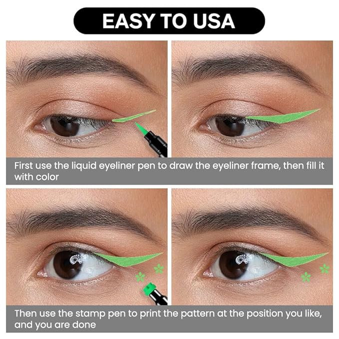 evpct 1Pcs Green Colored Winged Eyeliners Stamp, Green Flowers Face Stamps Makeup Eyeliner Eye Stamp Liners Tool Set Kit for Women Waterproof, Wing Eyeliner Stamp Figures Tool Wingliner Shapes, 09#