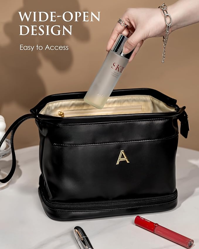 Personalized Gifts, Initial Makeup Bag, Personalized Double Layer Cosmetic Bag with Makeup Brush Organizer, Large Capacity PU Leather Travel Toiletry Bag Bride Gifts, Bridal Party Gifts