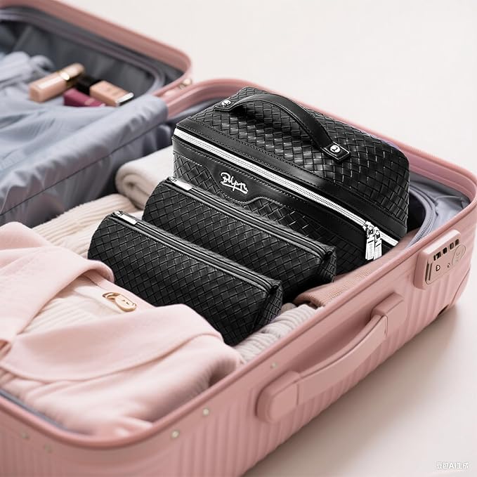 BOYATU Travel Makeup Bags for Women: 3 Pcs Large Make up Bags Set - Vegan Leather Cosmetic Bag for Traveling - Waterproof Toiletry Organizer (L33 Black)