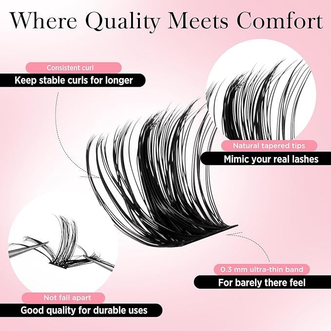 Lash Clusters Volume Wispy Eyelash Clusters, 10-16mm D Curl Natural Lashes Clusters, DIY Individual Lash Extensions with Soft Ultra-thin Band, 144pcs (M02)