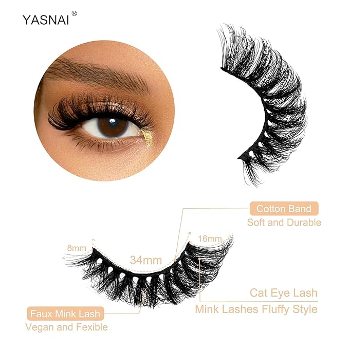 YASNAI Mink Lashes Wispy Cat Eye Lash 16MM Full Volume Fluffy False Eyelashes that Look Like Extensions Thick Soft D-Curly Fake Eyelash 7 Pairs Pack