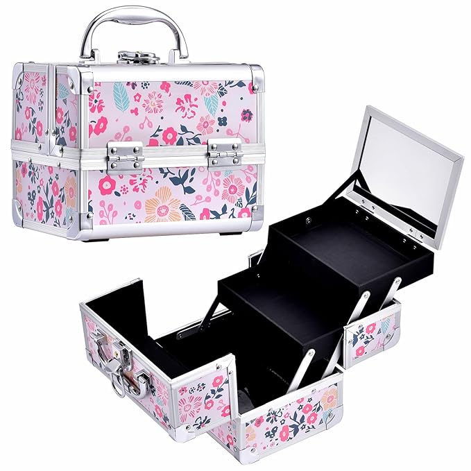 Joligrace Makeup Case for Girls Cosmetic Train Case Makeup Storage Box Jewelry Organizer Hair Accessories Lockable with Trays & Mirror Kids Gift Coloful Pink Unicorn