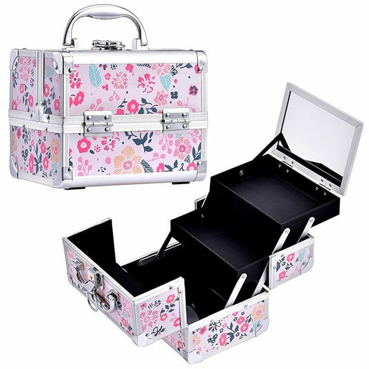 Joligrace Makeup Case for Girls Cosmetic Train Case Makeup Storage Box Jewelry Organizer Hair Accessories Lockable with Trays & Mirror Kids Gift Coloful Pink Unicorn