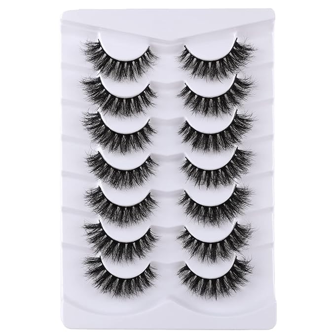 Fake Lashes False Eyelashes Cat Eye Lashes Faux Mink Lashes Natural Look 8D Fluffy Wispy Lashes That Look Like Extensions Pestañas Postizas D Curl Lash Strips 7 Pairs Pack