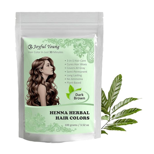 3IN1 Henna Hair Color - 30 Min Fast Herbal Hair Dye for Gray Coverage, Conditioning & Hair Treatment - No Ammonia, Semi-Permanent, Plant-Based (DARK BROWN)