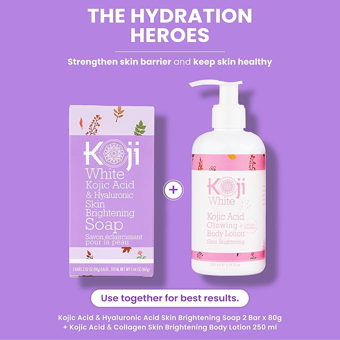 Koji White Kojic Acid & Hyaluronic Acid Skin Brightening Soap for Hydrating, Face Moisturizer, Skin Radiant, Cleansing Bar, Reduces the Appearance of Wrinkles with Vitamin E, Vegan, 2.82 Oz (2 Bars)