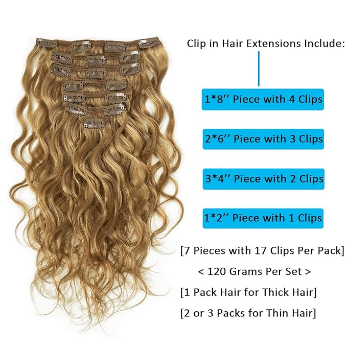 Caliee 20Inch Full Head Curly Clip in Hair Extension Strawberry Blonde Natural Wave Remy Human Hair for Black Women Wavy Curly Hair Extensions Clip Ins Double Weft #27 7Pcs 17Clips 120G/Pack