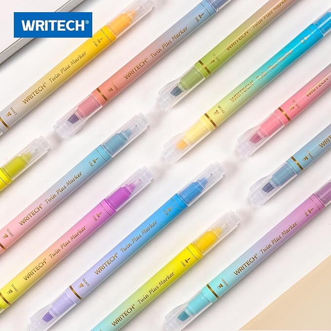 WRITECH Dual Tip Highlighter Markers: Aesthetic Fine & Chisel Tip Assorted Pastel Colors Marker Multicolor Pens Pack for Bible Highlighting Journaling Drawing 12ct