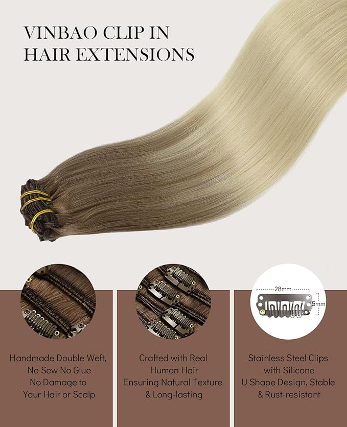 VINBAO Hair Extensions Clip in Human Hair Balayage Ombre Blonde Clip in Human Hair Extensions #8 Light Brown Fading to #60 Platinum Blonde Double Weft 18inch 120g 6pcs Full Head (#8/60, 18)